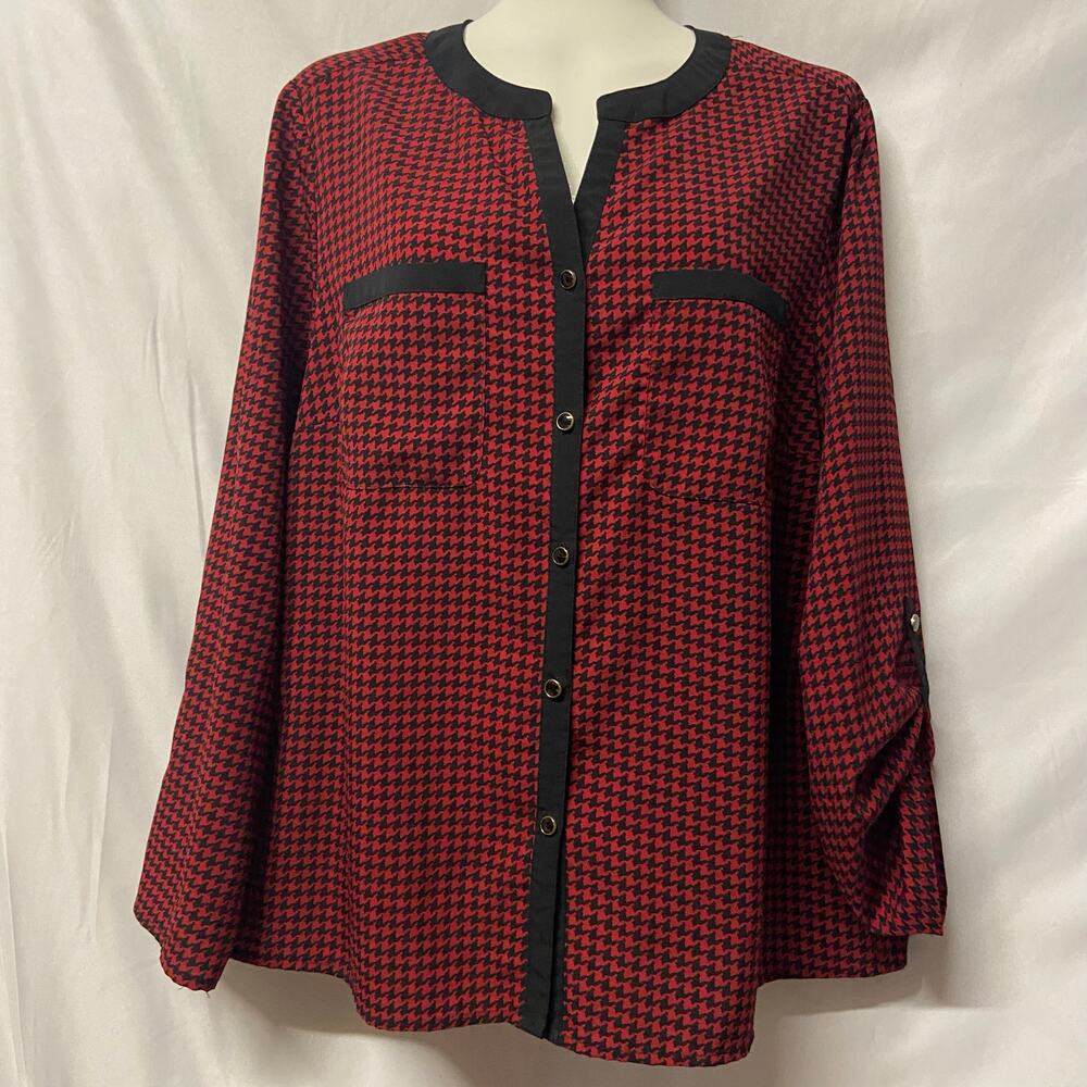 Elementz Top Blouse Button Up PXL Petite Red Black Roll Tab Sleeves